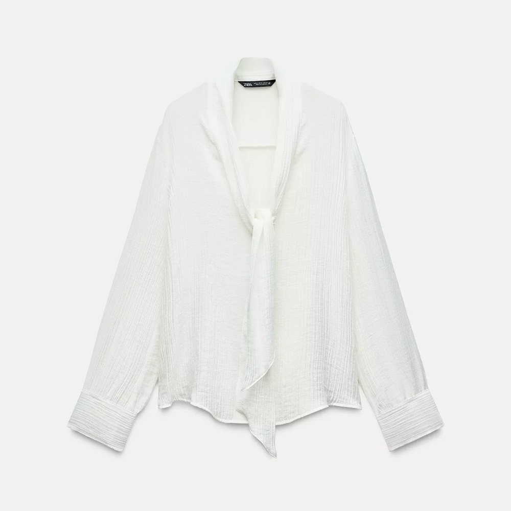 Zara White Textured Tie-Neck Blouse